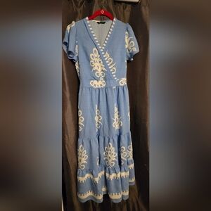 Elegant Floral Blue and White Womens Dress